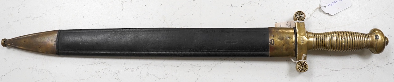 A French Gladius, regulation blade stamped ‘Chatellerault 1833’ in its scabbard, blade 48.5cm. Condition - good